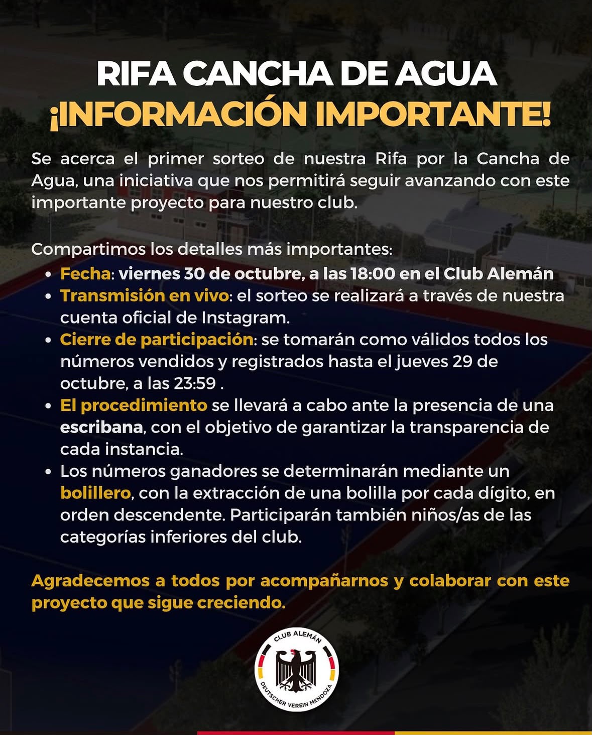 Información importante del primer sorteo de la Rifa Cancha de Agua del Club Alemán de Mendoza, viernes 30 de octubre a las 18 horas